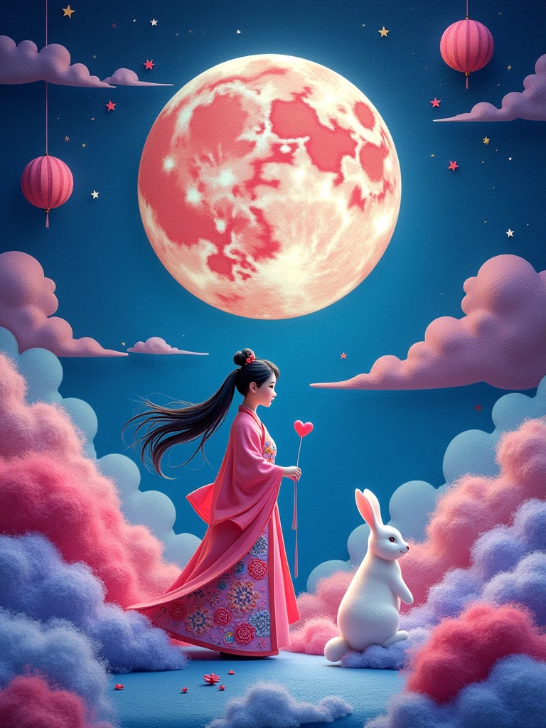 Wool felt style,Surreal space,abstract,Mid-Autumn Festival,Ancient mythology,Hanfu,1个身穿Hanfu的可爱女孩,Chang'e's felt clothing looks soft and warm under the moonlight,sweet and delicious giant round mooncakes,Fluffy love heart,Fluffy clouds,Star,Beautiful moon,White rabbit,Laurel,Osmanthus fragrans,In a dream,A vibrant and fun way to set the stage,Blue, purple and pink tones,Bright,Art