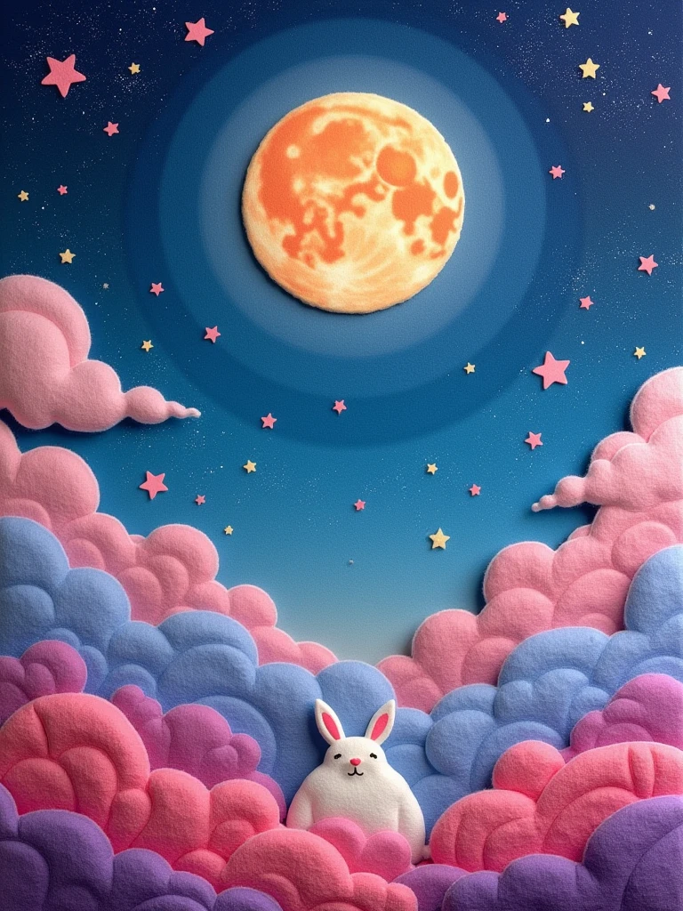 Wool felt style，Surreal space，abstract，Mid-Autumn Festival，Ancient mythology，Hanfu，1个身穿Hanfu的可爱女孩，Chang&#39;e&#39;s felt clothing looks soft and warm under the moonlight，sweet and delicious giant round mooncakes，Fluffy love heart，Fluffy clouds，Star，Beautiful moon，White rabbit，Laurel，Osmanthus fragrans，In a dream，A vibrant and fun way to set the stage，Blue, purple and pink tones，Bright，Art