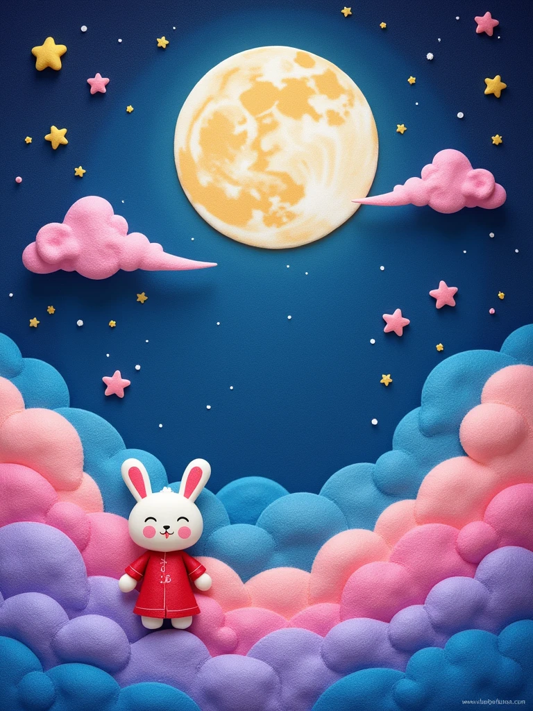 Wool felt style,Surreal space,abstract,Mid-Autumn Festival,Ancient mythology,Hanfu,1个身穿Hanfu的可爱女孩,Chang'e's felt clothing looks soft and warm under the moonlight,sweet and delicious giant round mooncakes,Fluffy love heart,Fluffy clouds,Star,Beautiful moon,White rabbit,Laurel,Osmanthus fragrans,In a dream,A vibrant and fun way to set the stage,Blue, purple and pink tones,Bright,Art