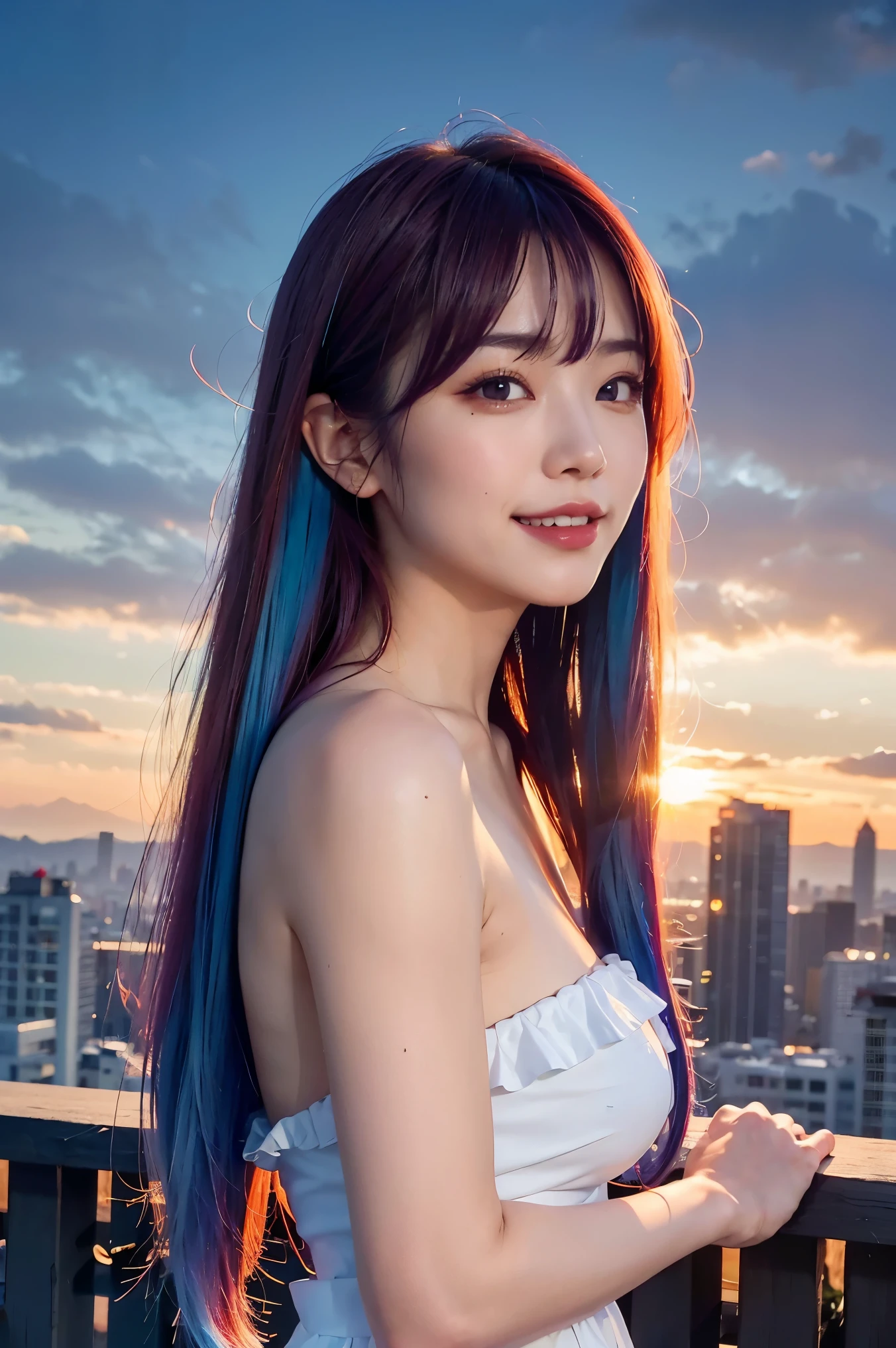 (From the side)、whole body、1 of、(smile, Happy:1.3)、(((Gradient hair from red roots to blue tips)))、Long Hair、bangs、See the view、Highest quality、masterpiece、Ultra-high resolution、8k、(Realistic:1.5)、RAW Photos、Perfect body、White dress、Frills、(In the Dark)、Deep Shadow、Discreet keys、(Warm Light)、Sexy look、Fiery sunset、guardrail、Electric pole、Roppongi Hills in the distance、Buildings、Tower、