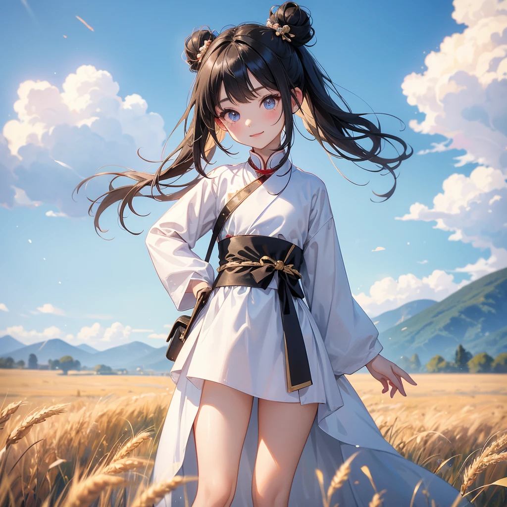 A chibi child girl had a small face and Wearing white little Taoist priest's outfit. A pair of big round eyes shone with curiosity about him. This child was so cute! ,her hair is black with two buns on her hair.small chibi, chibi baby, smiling,The little chibi baby looked up with his chest raised, and his face was old and proud.
Standing in the middle of a wheat field, behind which are mountains, there are low clouds floating in the blue sky.