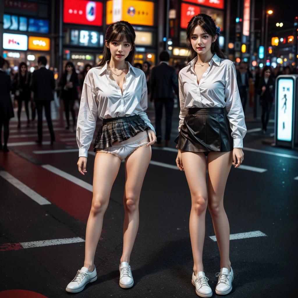 TopQuality 8K UltraDetailed Masterpiece(ProfessionalPHOTO:1.37), ExtremelyDetailed(Business Ladies), Gigantic Cleavage, Detailed (Delicate Closing textures), Undressing ((pull down panties:1.28)) ((panty pull)) (wearing skirt:1.28), Dusk {((Shibuya Scramble Crossing)) | Large Screen | Unbuttoned White Shirt | Blood Stained (white panties) | Red Shoes}, (Acutance:0.8)(Luminism:1.2), Blurrd Colorful Lights, Starry Particles ,