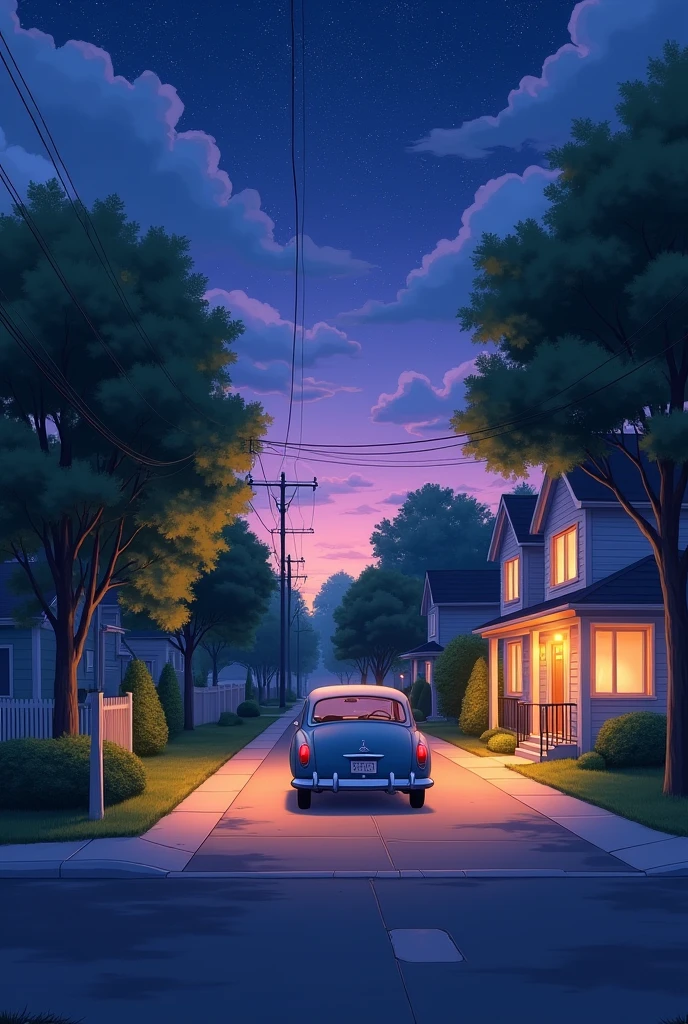"An anime-style 4K wallpaper of a peaceful suburban neighborhood street at dusk. The scene features a vintage car parked in the driveway of a cozy house. Warm, golden lights glow softly from the house's windows, casting a welcoming aura. The sky above is a deepening twilight, transitioning from shades of purple to dark blue, with twinkling stars beginning to appear. Lush trees line the street, and shadows stretch gently across the pavement, creating a serene and nostalgic atmosphere."