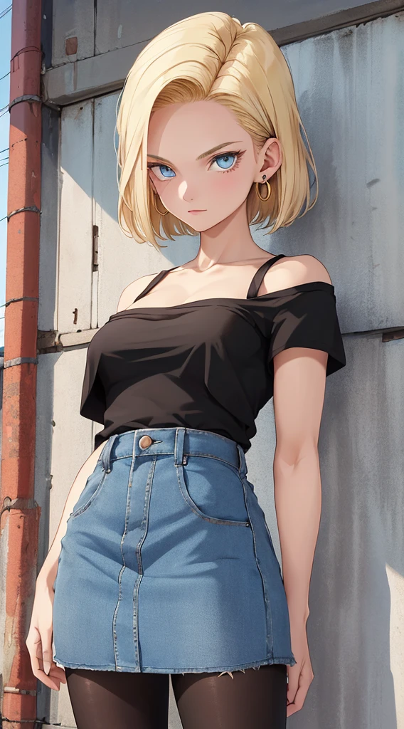 best quality, highres, and18, 1girl, android 18, solo, blonde hair, blue eyes, short hair, earrings, jewelry, denim vest, open vest, black pantyhose, black shirt, denim skirt, striped long sleeves, blue skirt, medium breasts, cowboy shot, street, (Externally expanded Chest:1.2), (Strapless:1.2), off-the-shoulder
