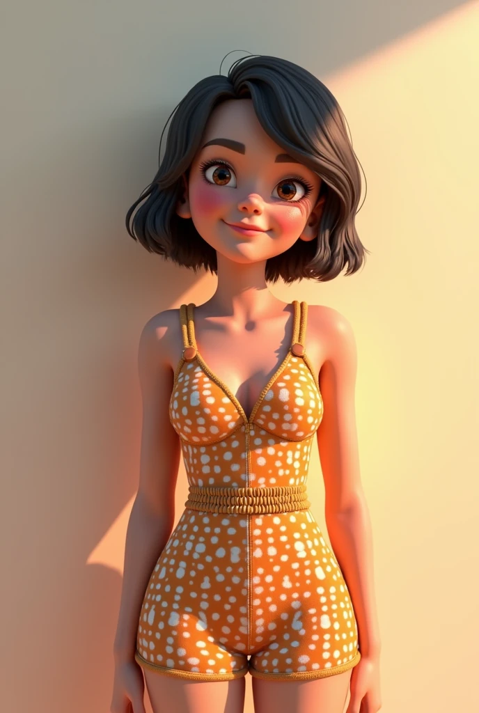"Design a virtual influencer with short, dark hair, a warm smile, and a confident, approachable demeanor. She has a medium skin tone and wears a stylish, patterned dress with a modern, elegant look. The background is simple and pastel-colored, emphasizing her vibrant and friendly personality."