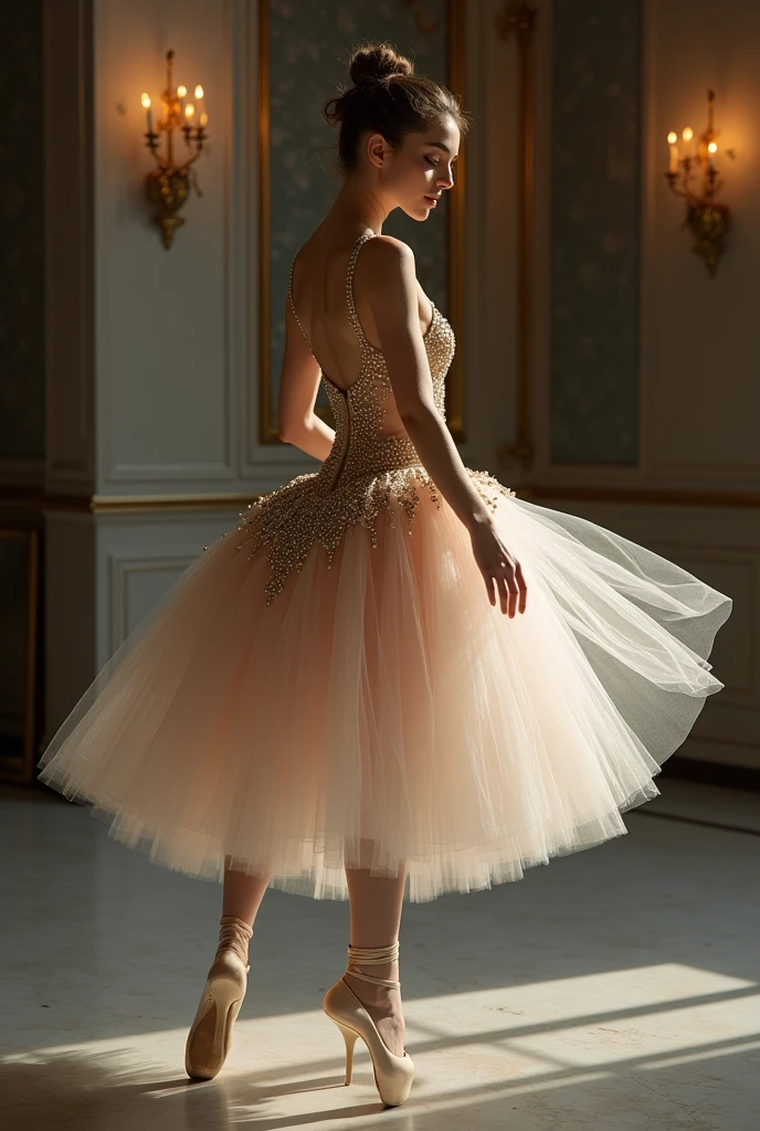 Ballerina posing in a ballet costume with a studded skirt、, Beautiful and luxurious concept photography High quality 8k No defects