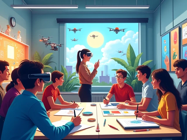 The photo shows students using virtual reality..、AR glasses，There are also students who draw cartoon characters.，Teacher teaches students how to take pictures with a camera.，There are also students who paint with a brush.，There are also students exploring the interior.，Some students are even piloting drones to take measurements..，Tech Blue，Portrait illustration，advertisement