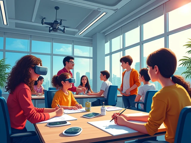 The photo shows students using virtual reality..、AR glasses，There are also students who draw cartoon characters.，Teacher teaches students how to take pictures with a camera.，There are also students who paint with a brush.，There are also students exploring the interior.，Some students are even piloting drones to take measurements..，Tech Blue，Portrait illustration，advertisement