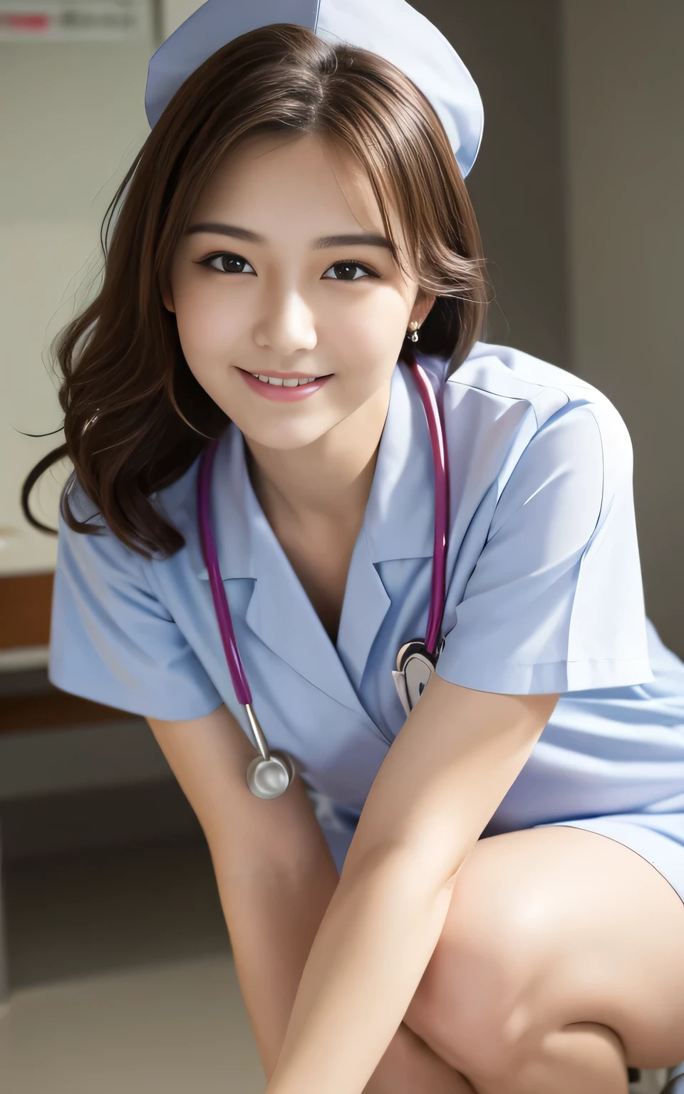 Beauty, high quality, Complete, In detail, High resolution, 8k wallpaper, whole body, Perfect dynamic composition, Beautiful attention to detail, Random poses, Charm, Alluring, 20 year's old, round face, nurse, hospital, light smile