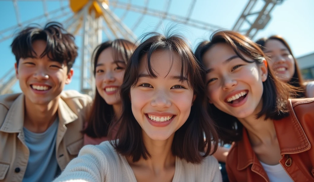 Two Japanese male and three female university students dressed in fashionable clothes are looking up with cheerful expressions at an amusement park,Excited, Photo of your face, Amusement park in the background, with a natural look, With a slightly tired look, tilt your face a little, Diagonal orientation, Average face