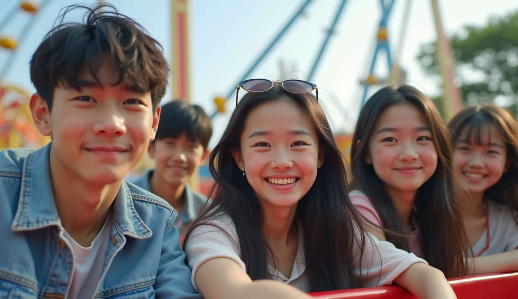 Two Japanese male and three female university students dressed in fashionable clothes are looking up with cheerful expressions at an amusement park,Excited, Photo of your face, Amusement park in the background, with a natural look, With a slightly tired look, tilt your face a little, Diagonal orientation, Average face