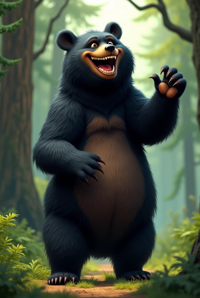 A funny adult male black bear showing teeth and raising paw