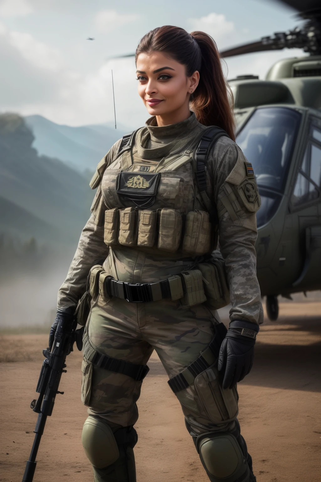 Full body photo of 50YO MILF AISHWARYA RAI as ARMY MILF, WEARING FULL ARMY GEAR, COMBAT BOOTS, COMBAT GLOVES, KNEEPADS, CAMO PLATE CARRIER RIG, intricate details, depth of field, standing next to army helicopter, ((MOCKING SMILE)), PONYTAIL TIED HAIR, day scene, mature hourglass figure, look straight at camera, sexy 50 yo mature MILF, soft volumetric lights, intricate details, (ArtStation:1.2)