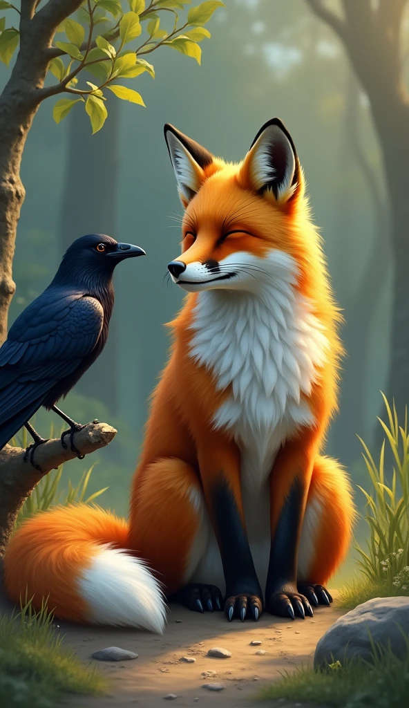 Fox&#39;s eyes closed: The fox is sitting on the ground with its eyes closed, while the crow is still perched on the branch, but there is a hint of movement in its wings.