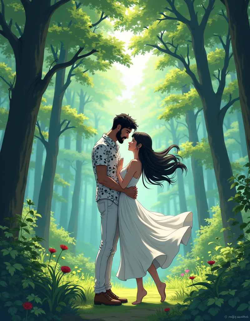 Create a anime style landscape image. Vibrant and dynamic image featuring a couple in a lush, green forest setting. The man, with a beard and medium skin tone, is dressed in a white and black patterned shirt and white pants. He is holding the woman, who has long, flowing dark hair and a medium skin tone, as she leans back gracefully. She is wearing a white, flowing dress that adds a sense of movement to the scene. The background is dense with tall trees and green foliage, creating a natural and serene atmosphere. The overall composition is romantic and dramatic, with the couple's pose and the flowing dress adding a sense of elegance and motion.