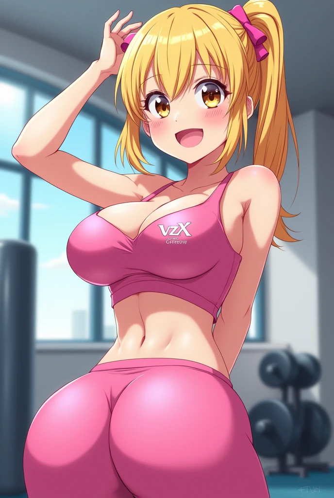 Create Anime style image and make her Blonde Wearing Pink Top and Pink Leggings with Top Print written on it "VZX" and make her happy in a gym setting And let her stick out her ass with a cleavage in the Top and leave her with big breasts