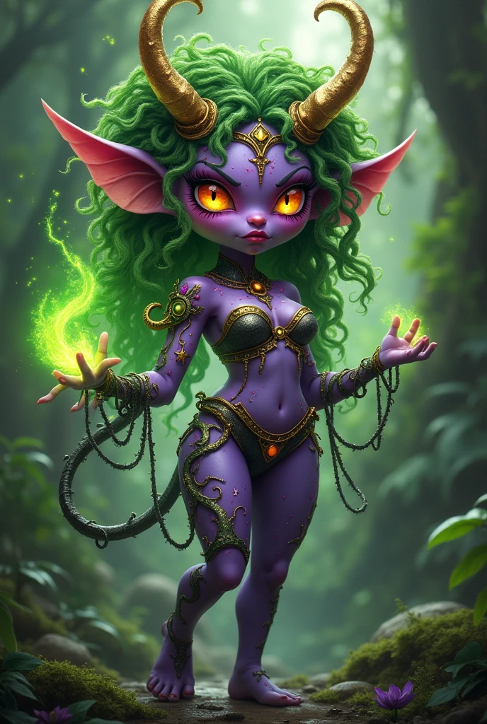 Prismatic coloration. Jungle like environment. A Short young Gremlin like Plant woman with a Deep purple skin tone. Her form is lit up with heavy miniscule starlike freckles & a set of B-cup breasts, bearing curvaceous hips, Slender Legs, & a round but small ass. She has short leaf green curly hair stopping at the top of her neck with various flowers growing within. She is wearing a skimpy revealing Black & Purple Bikini like armor exposing much of her chest area with Golden celestial designs & an otherworldly Tiara on her head. She has a serious face with a sad frown & a stern gaze in her sharp Fiery Orange Glowing eyes with black sclera & a heavily freckled form. She has long sharp Crystal like Blood-Red Demonic horns radiating heavenly energy & a set of elegant Elven ears. She has long Ruby red vine like tattoos running all around her body accompanied by Crimson Star-like Tattoos running along them. She has a small cute deer like snout. She has large Crystal Golden Fairy-like wings with a starlike pattern. She is seen in a battle stance summoning verdant green Stardust magic from her fingertips