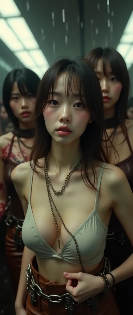 (32K:1.9, Horror expression:1.9, Highest quality, masterpiece, Ultra-high resolution), Perfect dynamic composition, Highly detailed skin and facial textures:1.3, Detailed eyes, Detailed limbs, The Darkest Dungeon:1.5, cute, sexy, Two slim Japanese women, Light brown leather outfit:1.6, Fair skin, Tilt your head, (5 Zombies:1.7, Crazy behavior:1.7, Zombie touching a woman:1.9, Raindrops falling from the ceiling:1.5), (Her huge breasts are bursting at the seams, areola is not visible, Big cleavage), (A look of despair:1.3, Expression of despair:1.3, Totally captivates you), Beautiful Blue Eyes, Beautiful erotic eyes, sexyな顔, blush, Beautiful sensual atmosphere, Professional camera work, (Bloody:1.9, Covered in bruises:1.9, Lots of big chains:1.9, Countless chains tangled in clothes:1.9, Chain your right arm:1.9, Chain the left arm:1.9, The right leg is bound with a shackle and chain:1.9, The left leg is bound with a shackle and chain:1.9), (The endless chains invade:1.9), (Too erotic)