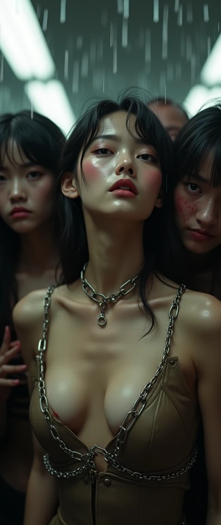 (32K:1.9, Horror expression:1.9, Highest quality, masterpiece, Ultra-high resolution), Perfect dynamic composition, Highly detailed skin and facial textures:1.3, Detailed eyes, Detailed limbs, The Darkest Dungeon:1.5, cute, sexy, Two slim Japanese women, Light brown leather outfit:1.6, Fair skin, Tilt your head, (5 Zombies:1.7, Crazy behavior:1.7, Zombie touching a woman:1.9, Raindrops falling from the ceiling:1.5), (Her huge breasts are bursting at the seams, areola is not visible, Big cleavage), (A look of despair:1.3, Expression of despair:1.3, Totally captivates you), Beautiful Blue Eyes, Beautiful erotic eyes, sexyな顔, blush, Beautiful sensual atmosphere, Professional camera work, (Bloody:1.9, Covered in bruises:1.9, Lots of big chains:1.9, Countless chains tangled in clothes:1.9, Chain your right arm:1.9, Chain the left arm:1.9, The right leg is bound with a shackle and chain:1.9, The left leg is bound with a shackle and chain:1.9), (The endless chains invade:1.9), (Too erotic)