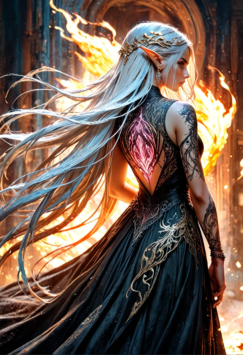 watercolor art, fantasy art, goth art, a picture of a tattoo on the back of a female elf, a glowing tattoo of a ((phoenix: 1.3)) on the elf's back, the ((phoenix tattoo)) is vivid, intricate detailed coming to life from the ink to real life, ((fire surrounds the phoenix: 1.5)), shoot taken from the back, ((the back is visible: 1.3), a most beautiful elf, exquisite beauty, small pointed ears, long hair, she wears a transparent black dress, the dress is elegant, flowing, elven style, that the tattoos glow, dynamic hair color, dynamic hair style, rpg portrait