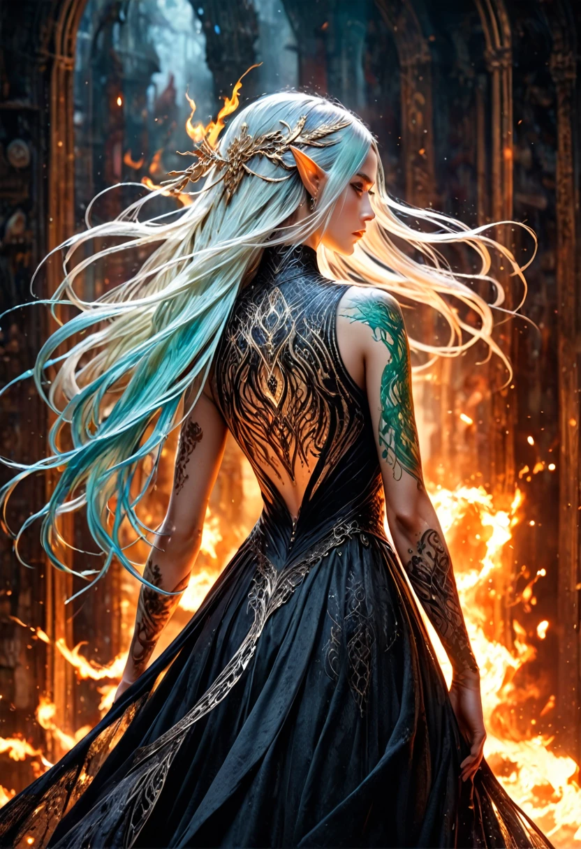watercolor art, fantasy art, goth art, a picture of a tattoo on the back of a female elf, a glowing tattoo of a ((phoenix: 1.3)) on the elf's back, the ((phoenix tattoo)) is vivid, intricate detailed coming to life from the ink to real life, ((fire surrounds the phoenix: 1.5)), shoot taken from the back, ((the back is visible: 1.3), a most beautiful elf, exquisite beauty, small pointed ears, long hair, she wears a transparent black dress, the dress is elegant, flowing, elven style, that the tattoos glow, dynamic hair color, dynamic hair style, rpg portrait