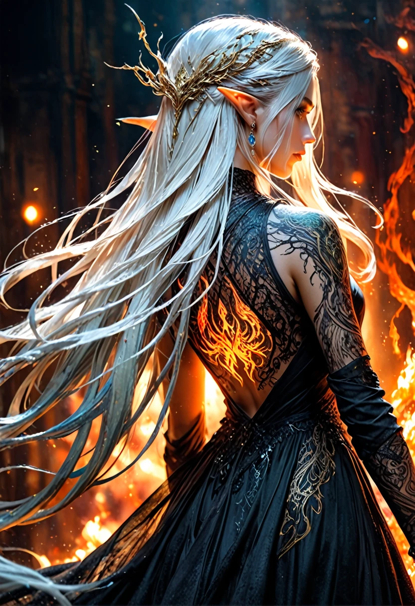watercolor art, fantasy art, goth art, a picture of a tattoo on the back of a female elf, a glowing tattoo of a ((phoenix: 1.3)) on the elf's back, the ((phoenix tattoo)) is vivid, intricate detailed coming to life from the ink to real life, ((fire surrounds the phoenix: 1.5)), shoot taken from the back, ((the back is visible: 1.3), a most beautiful elf, exquisite beauty, small pointed ears, long hair, she wears a transparent black dress, the dress is elegant, flowing, elven style, that the tattoos glow, dynamic hair color, dynamic hair style, rpg portrait