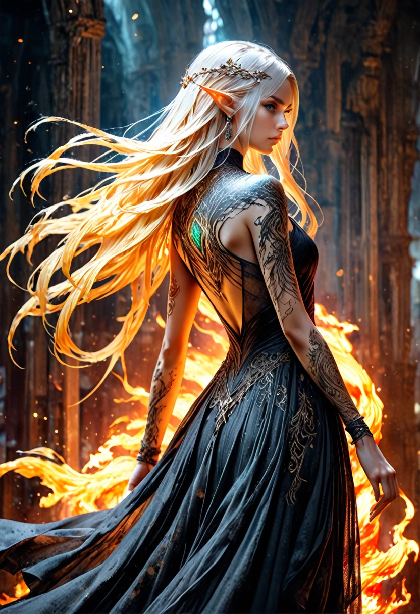 watercolor art, fantasy art, goth art, a picture of a tattoo on the back of a female elf, a glowing tattoo of a ((phoenix: 1.3)) on the elf's back, the ((phoenix tattoo)) is vivid, intricate detailed coming to life from the ink to real life, ((fire surrounds the phoenix: 1.5)), shoot taken from the back, ((the back is visible: 1.3), a most beautiful elf, exquisite beauty, small pointed ears, long hair, she wears a transparent black dress, the dress is elegant, flowing, elven style, that the tattoos glow, dynamic hair color, dynamic hair style, rpg portrait