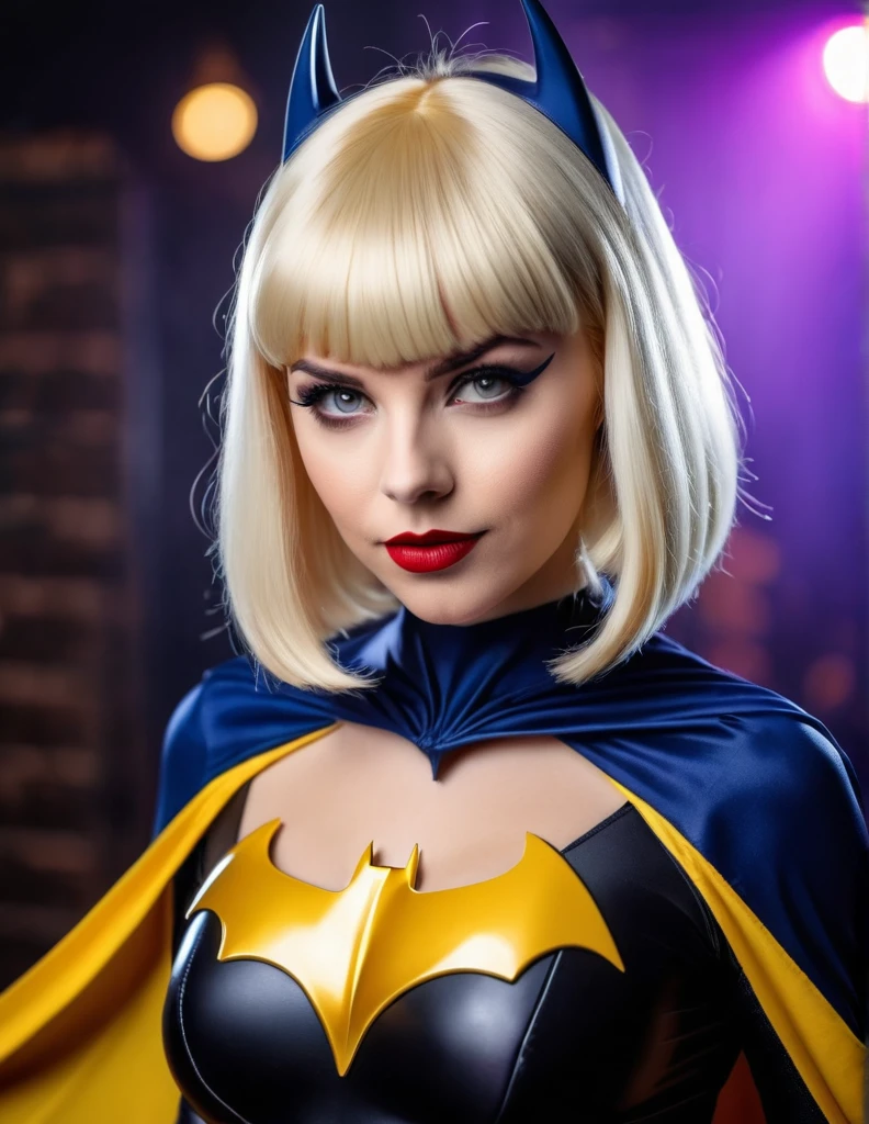 Very attractive 2 caucasian female with platinum blonde bob hair, with bangs, wearing batgirl cosplay, fancy dress party as background, photo quality