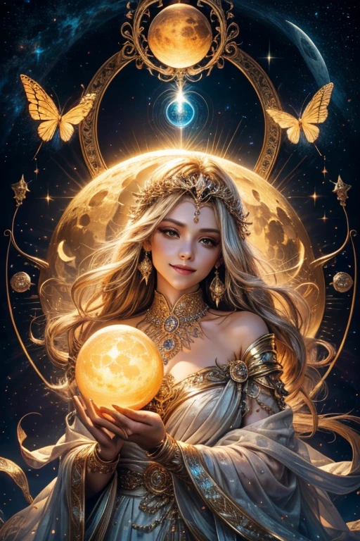A light orb with magician circle around the orb, hand, many shining butterfly, creepy smile, sparkle sky, shining, gust of wind, light flowers, sun and moon, dark light of fantastic and cosmological with universal. Amazing view very bright and warm starry. Detail, HD, Enchanted. Multiple colours. Beautiful perfect face and anatomy. Amazing bright dress. Very epic and bright, best pose. A goddess. Golden shining accessories.