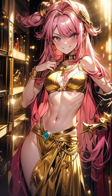 A smug narcissistic pink haired woman wearing a golden bra and golden pants and lots of jewelry flaunting herself