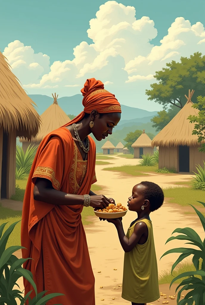 Illustration of hausa mother giving her child food in rural settings with a larger scale of the area