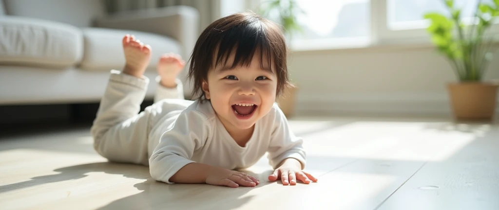 (Photorealism: 1:5), Horizontal framed image showing a chaauy asian child lying on the floor, looks very happy and is showing a lively pose. The child is wearing a white long-sleeved shirt and light-colored pants.. The child's posture looks like he is playing., maybe playing some game. There is a bright interior space around with a sofa on the left side.. Light colored floors, create a sense of spaciousness and friendliness, Floor area occupies 80%.
The atmosphere of the image gives a sense of fun and vivacity..