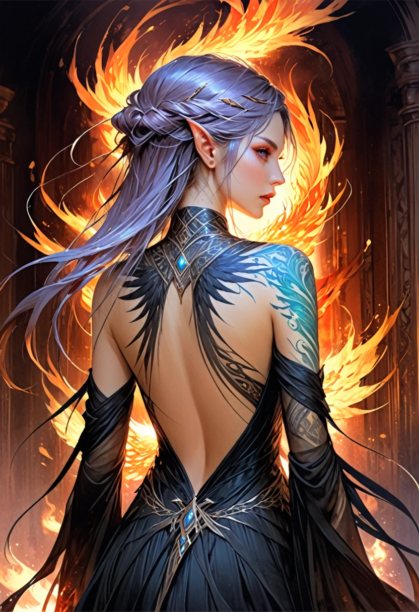 watercolor art, fantasy art, goth art, a picture of a tattoo on the back of a female elf, a glowing tattoo of a ((phoenix: 1.3)) on the elf's back, the ((phoenix tattoo)) is vivid, intricate detailed coming to life from the ink to real life, ((fire surrounds the phoenix: 1.5)), shoot taken from the back, ((the back is visible: 1.3), a most beautiful elf, exquisite beauty, small pointed ears, long hair,  she wears a transparent black dress, the dress is elegant, flowing, elven style, that the tattoos glow, dynamic hair color, dynamic hair style, rpg portrait