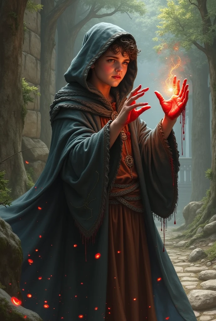 Make a young middle ages wizard, not sinister, whose fingers will bleed and whose power will be