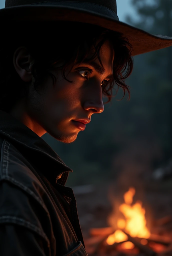 A young cowboy looking forward with his head slightly lowered and only the silhouette of his face visible, with a masculine nose, her long curly hair, Dark circles and a pronounced chin thanks to a dim campfire