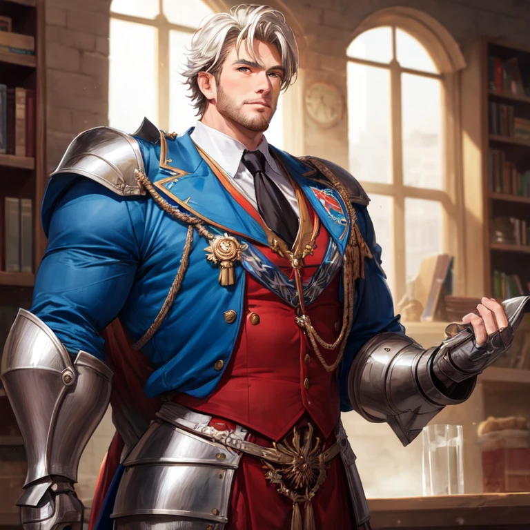 A handsome man of tall stature and strong build in knight's armor with long black-brown hair and blue eyes against the background of a knight's camp in a field near a forest