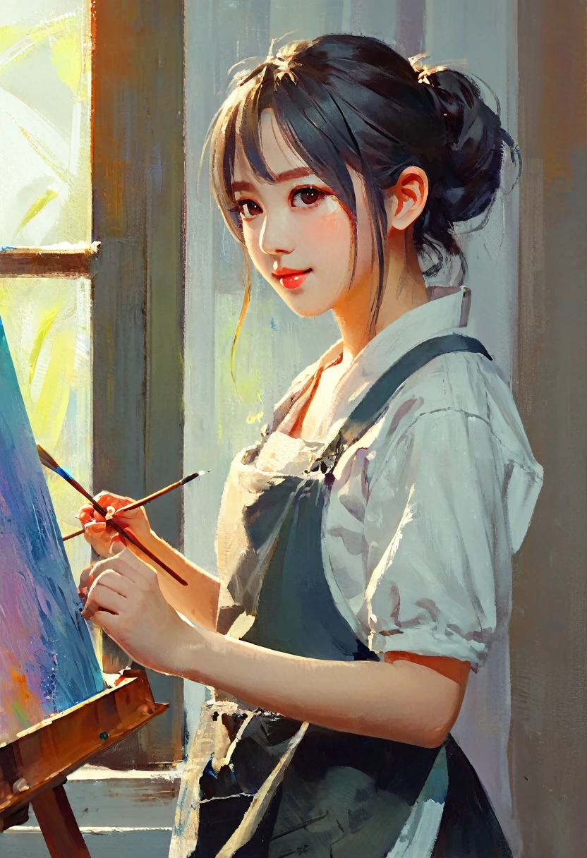 anime girl with a brush and a painting board in front of a window, painted in anime painter studio, realistic cute girl painting, beautiful anime portrait, anime. soft lighting, detailed painting 4 k, anime realism style, realistic anime artstyle, artwork in the style of guweiz, realistic anime art style, made with anime painter studio, portrait anime girl