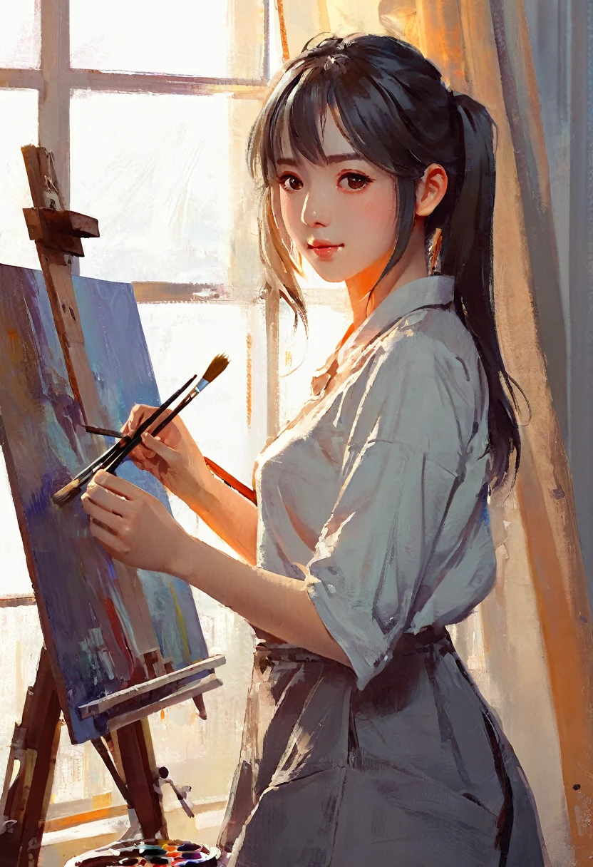 anime girl with a brush and a painting board in front of a window, painted in anime painter studio, realistic cute girl painting, beautiful anime portrait, anime. soft lighting, detailed painting 4 k, anime realism style, realistic anime artstyle, artwork in the style of guweiz, realistic anime art style, made with anime painter studio, portrait anime girl
