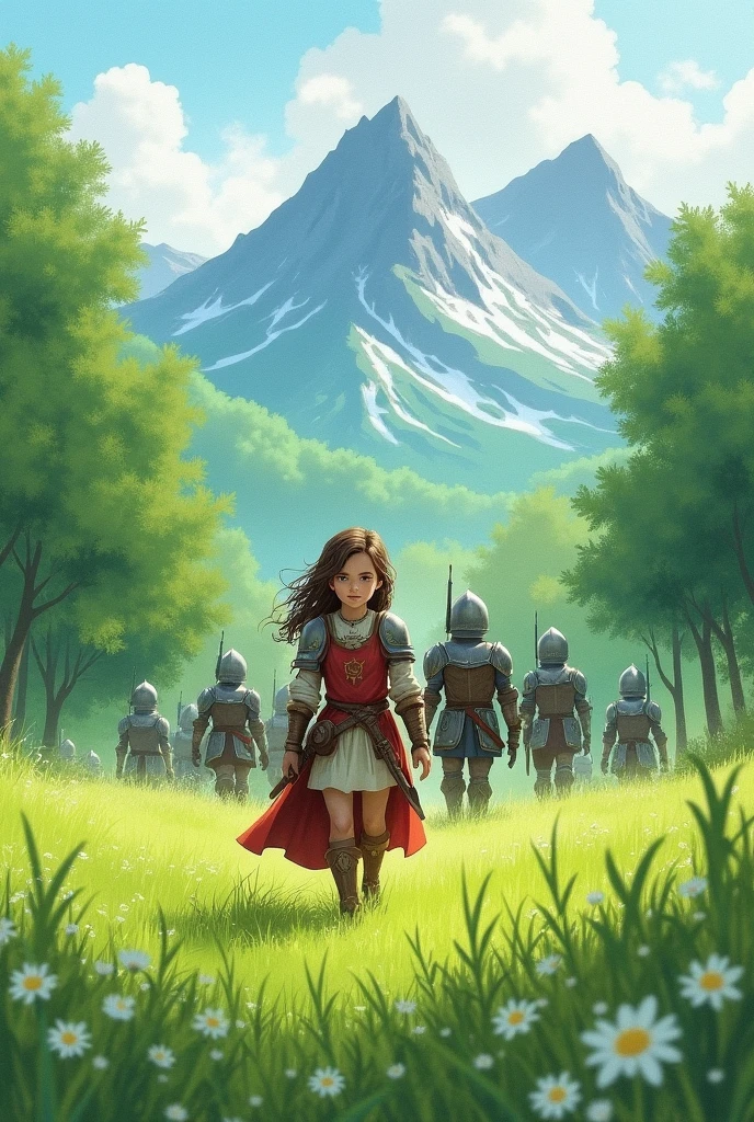 In a green meadow stands a girl leading a group of knights.
BREAK
With a brave expression, she guides them towards their destination.
BREAK
Behind her, a green forest stretches out and beyond that, mountains rise in the distance.
BREAK
The most suitable effect for this scene would be a watercolor painting technique to capture the softness of the meadow and the fluidity of the movement.
