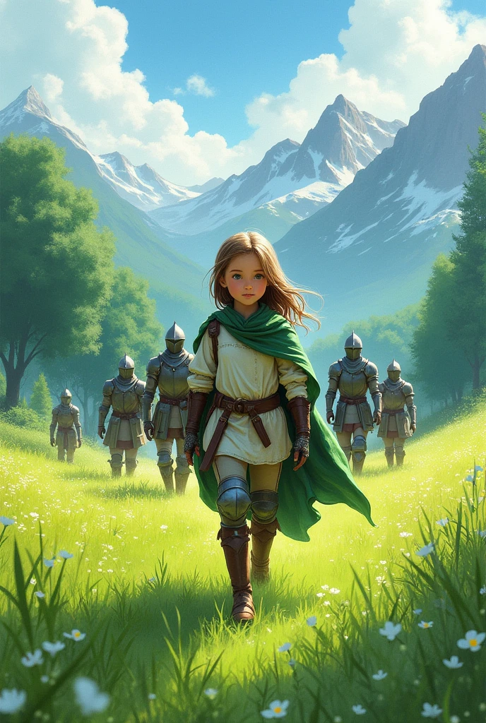 In a green meadow stands a girl leading a group of knights.
BREAK
With a brave expression, she guides them towards their destination.
BREAK
Behind her, a green forest stretches out and beyond that, mountains rise in the distance.
BREAK
The most suitable effect for this scene would be a watercolor painting technique to capture the softness of the meadow and the fluidity of the movement.