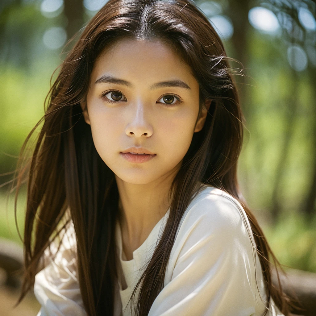 A hyper-realistic image of a single Japanese woman in her early 20s, captured with the nostalgic warmth and subtle graininess of a film camera. Her skin has a warm beige tone with a natural, slightly rough texture that includes visible pores, fine lines, and subtle imperfections such as small blemishes, adding to the authenticity of her appearance. The soft, diffused natural light enhances the film-like quality, casting gentle shadows that create a timeless, organic feel. Her straight, glossy black hair frames her face in a natural, slightly tousled manner, and her deep brown eyes reflect the ambient light, adding depth and emotion. The film camera effect introduces a slight grain and a softer focus, giving the image a warm, nostalgic atmosphere while maintaining the realistic texture of her skin. She is dressed simply, in a way that complements her natural beauty, with the overall composition designed to evoke a sense of genuine, understated elegance. The use of natural light, combined with the deliberately rougher texture of her skin and the film-like qualities, ensures that this image captures the imperfections that make her beauty truly lifelike, focusing solely on this one individual.