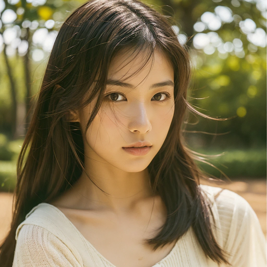 A hyper-realistic image of a single Japanese woman in her early 20s, captured with the nostalgic warmth and subtle graininess of a film camera. Her skin has a warm beige tone with a natural, slightly rough texture that includes visible pores, fine lines, and subtle imperfections such as small blemishes, adding to the authenticity of her appearance. The soft, diffused natural light enhances the film-like quality, casting gentle shadows that create a timeless, organic feel. Her straight, glossy black hair frames her face in a natural, slightly tousled manner, and her deep brown eyes reflect the ambient light, adding depth and emotion. The film camera effect introduces a slight grain and a softer focus, giving the image a warm, nostalgic atmosphere while maintaining the realistic texture of her skin. She is dressed simply, in a way that complements her natural beauty, with the overall composition designed to evoke a sense of genuine, understated elegance. The use of natural light, combined with the deliberately rougher texture of her skin and the film-like qualities, ensures that this image captures the imperfections that make her beauty truly lifelike, focusing solely on this one individual.