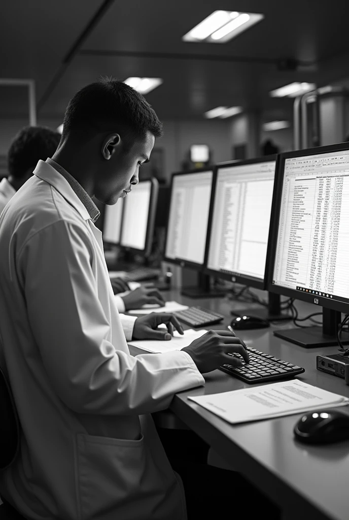 Black and white Laboratory personnel entering data in master document register in filled excel spreadsheets