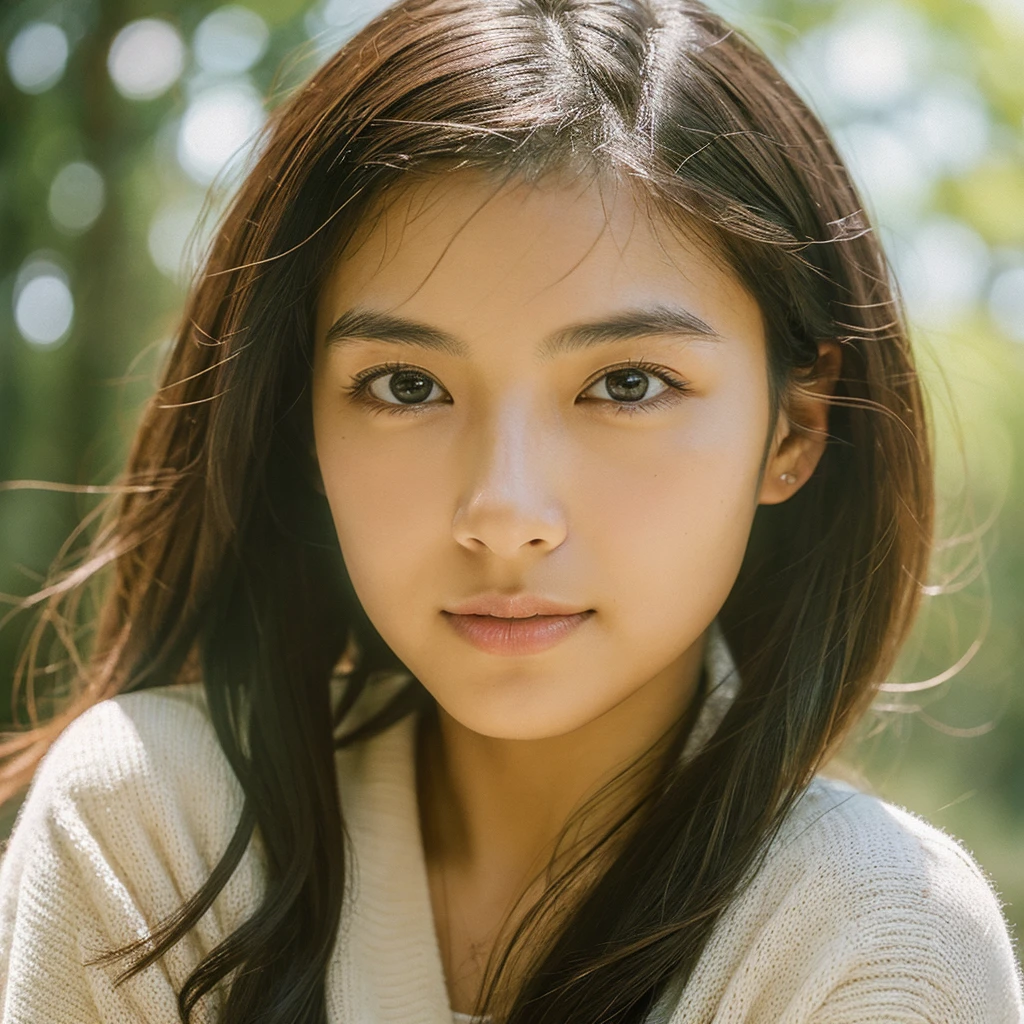 A hyper-realistic image of a single Japanese woman in her early 20s, captured with the nostalgic warmth and subtle graininess of a film camera. Her skin has a warm beige tone with a natural, slightly rough texture that includes visible pores, fine lines, and subtle imperfections such as small blemishes, adding to the authenticity of her appearance. The soft, diffused natural light enhances the film-like quality, casting gentle shadows that create a timeless, organic feel. Her straight, glossy black hair frames her face in a natural, slightly tousled manner, and her deep brown eyes reflect the ambient light, adding depth and emotion. The film camera effect introduces a slight grain and a softer focus, giving the image a warm, nostalgic atmosphere while maintaining the realistic texture of her skin. She is dressed simply, in a way that complements her natural beauty, with the overall composition designed to evoke a sense of genuine, understated elegance. The use of natural light, combined with the deliberately rougher texture of her skin and the film-like qualities, ensures that this image captures the imperfections that make her beauty truly lifelike, focusing solely on this one individual.