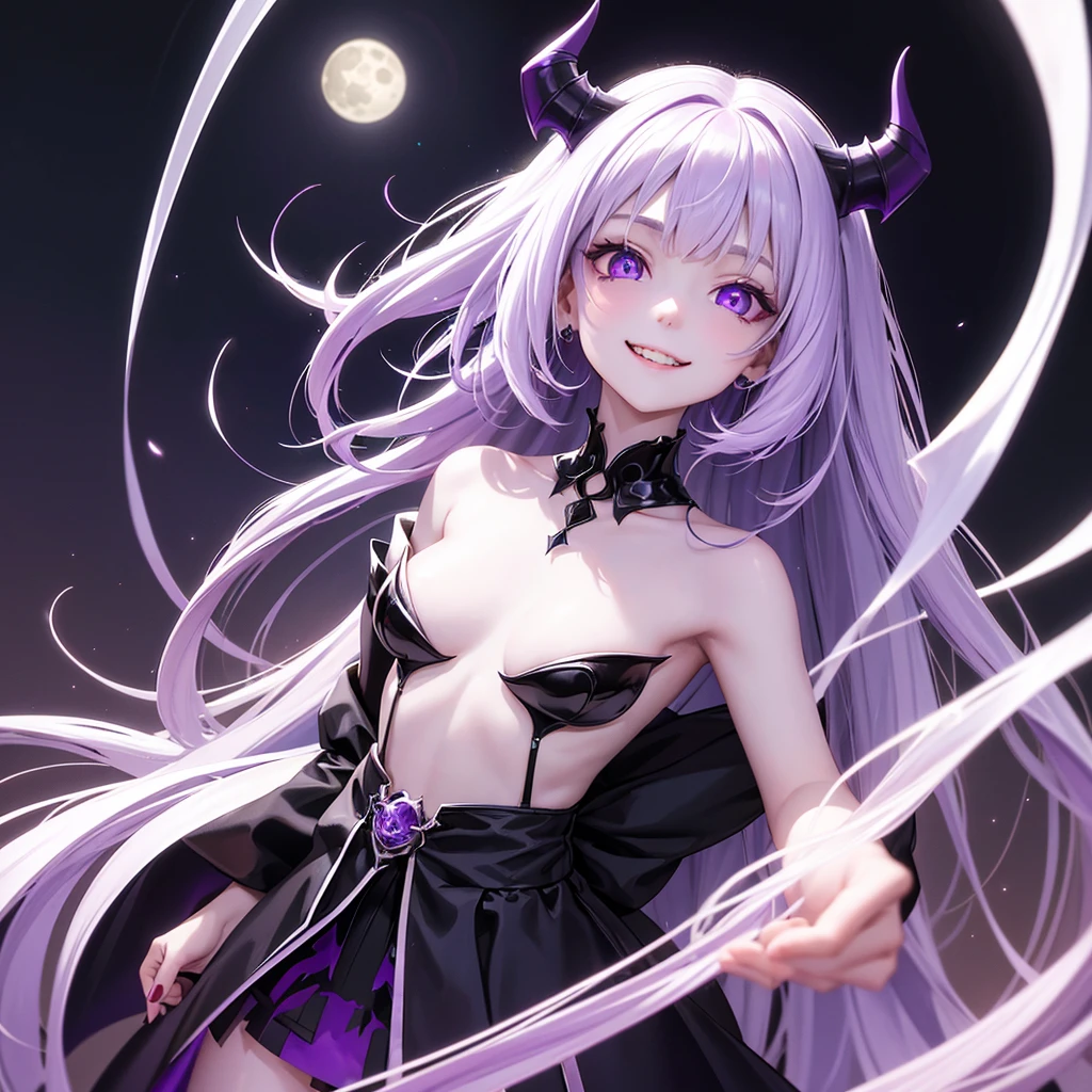 Demon girl with pale white skin, purple crystalline eyes, long white hair with purple highlights, she has demon fangs and is smiling, there or two a small spherical objects behind her and they have bat wings and crystalline irises, The girl is wearing a black robe with a black hood, her hair is coming out of the hood, The camera is looking up at her face, she is smiling, the full moon is behind her, it is a dork and clear night