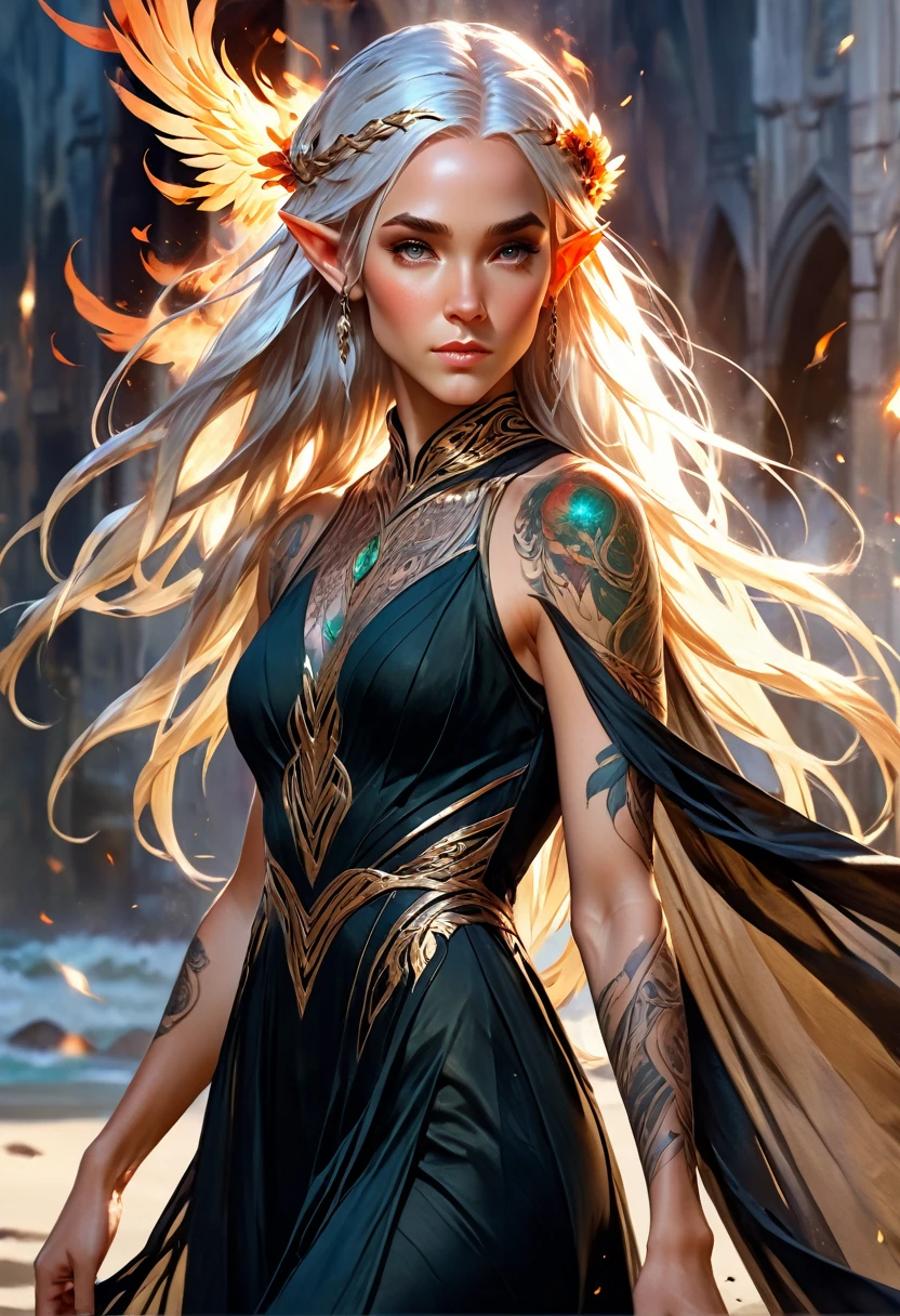 watercolor art, fantasy art, goth art, a picture of a tattoo on the back of a female elf, a glowing tattoo of a ((phoenix: 1.5)) on the elf's back, the ((phoenix tattoo)) is vivid, intricate detailed coming to life from the ink to real life, ((fire surrounds the phoenix: 1.5)), shoot taken from the back, ((the back is visible: 1.3), a most beautiful elf, exquisite beauty, small pointed ears, long hair, she wears a transparent black dress, the dress is elegant, flowing, elven style, that the tattoos glow, dynamic hair color, dynamic hair style, rpg portrait