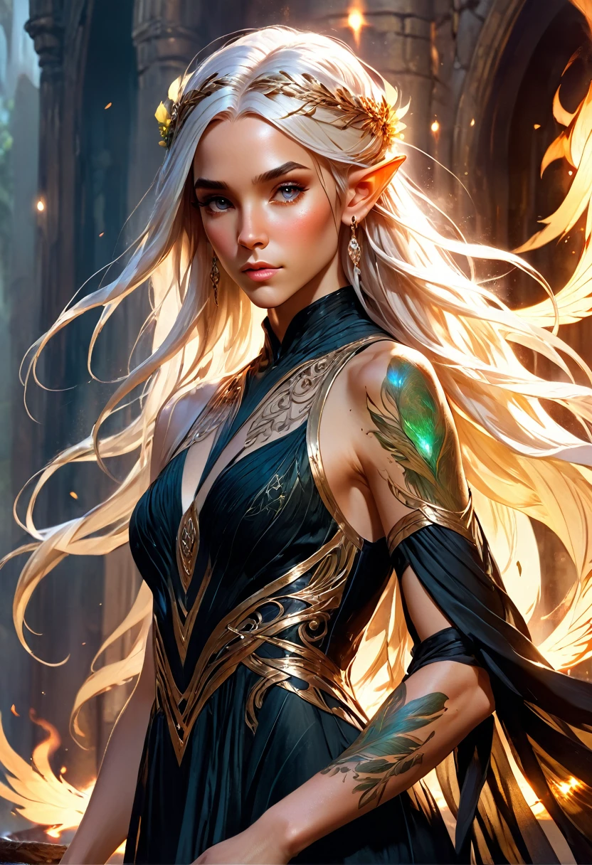 watercolor art, fantasy art, goth art, a picture of a tattoo on the back of a female elf, a glowing tattoo of a ((phoenix: 1.5)) on the elf's back, the ((phoenix tattoo)) is vivid, intricate detailed coming to life from the ink to real life, ((fire surrounds the phoenix: 1.5)), shoot taken from the back, ((the back is visible: 1.3), a most beautiful elf, exquisite beauty, small pointed ears, long hair, she wears a transparent black dress, the dress is elegant, flowing, elven style, that the tattoos glow, dynamic hair color, dynamic hair style, rpg portrait