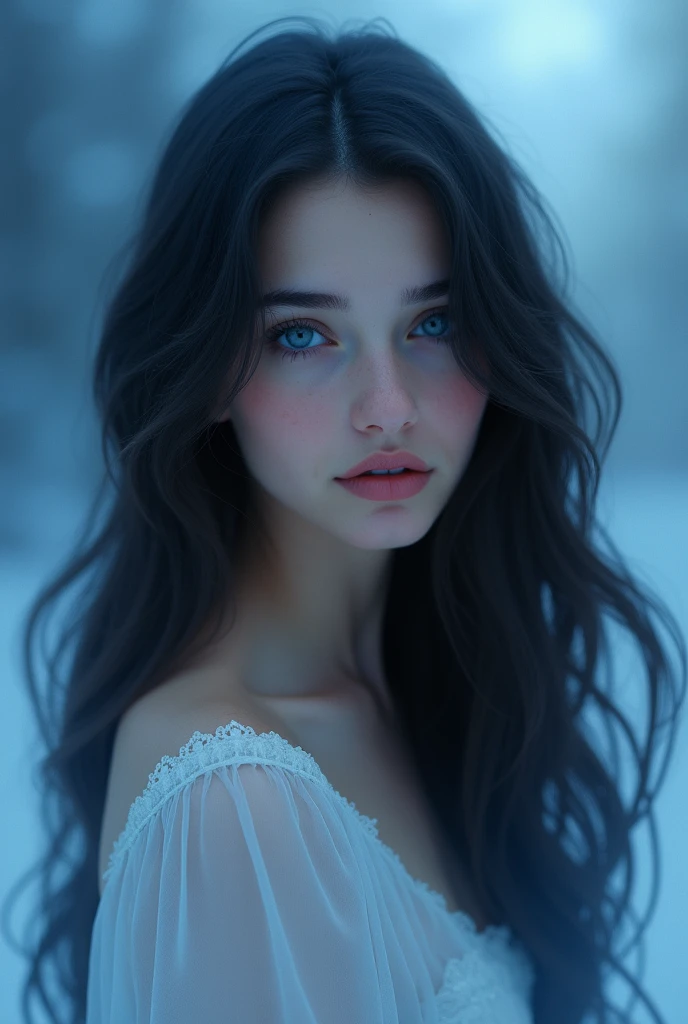 a beautiful girl with dark hair, blue eyes, long wavy black hair, blue haze