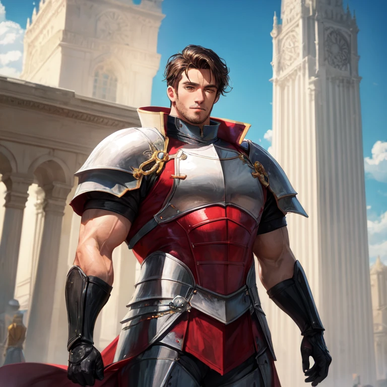 A handsome man of tall stature and strong build in knight's armor with long black-brown hair and blue eyes against the background of a knight's camp in a field near a forest