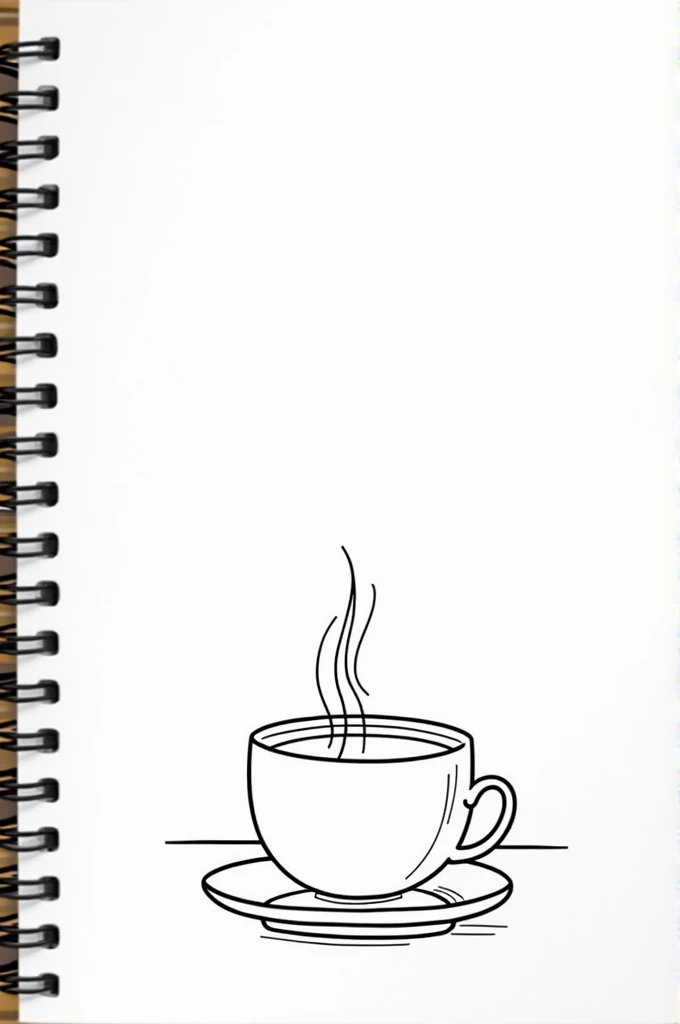 Create a Cozy Minimalist Spiral Bound Art, Black Outline on White Background for a Printable Coloring Book of A steaming cup of tea on a rainy day. The cup of tea is inside the room and next to a window.